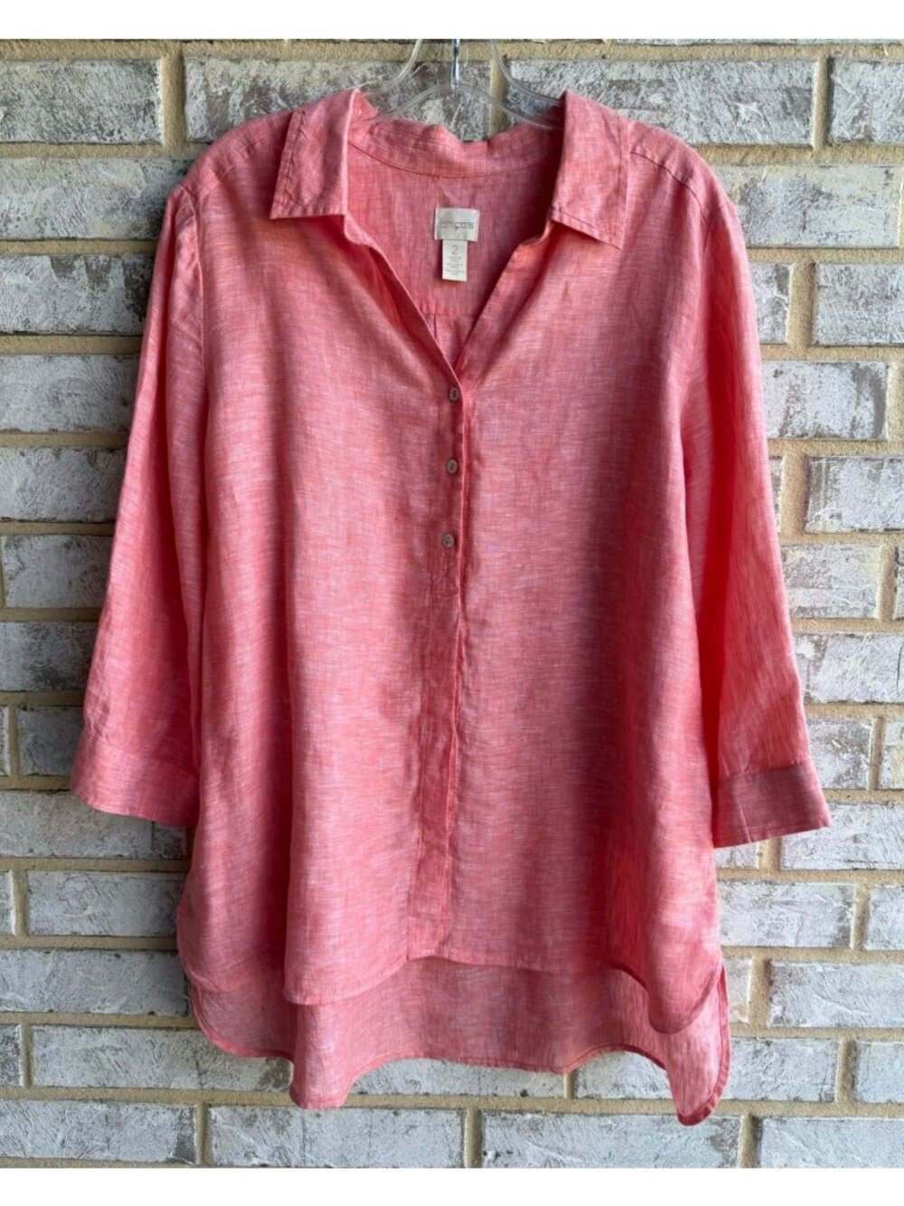 Chico's 3/4 Sleeve Button Up Hi-Low 100% Linen Coral Shirt Women's Size 2 (L)